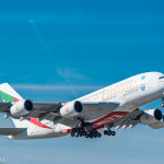 Airbus A380-800 von Emirates kurz nach dem Start am Flughafen München