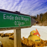 Die Gummiente Renate sitzt unter dem Wegweiser "Am Ende des Weges" im Schnee