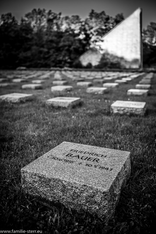 ein Name auf einem Gedenkstein in einer langen Reihe von Grabsteinen
