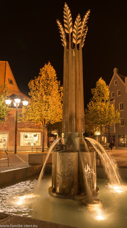 Ährenbrunnen auf dem Schrannenplatz in Erding am Abend