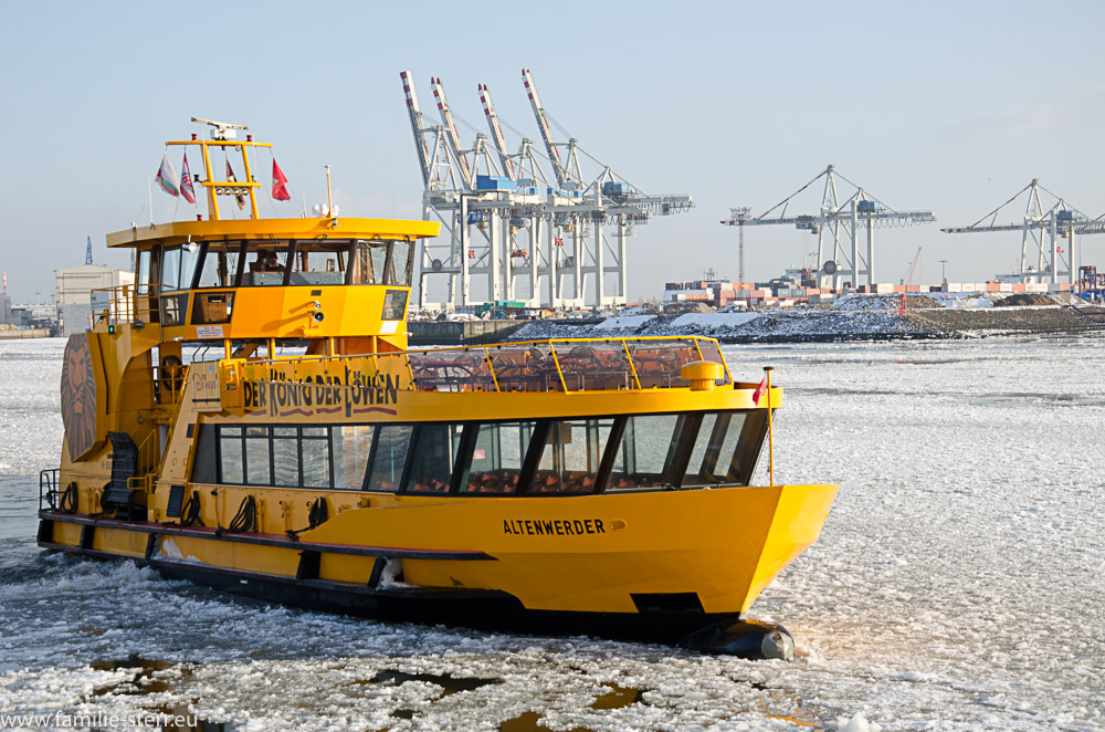 Linienboot im vereisten Hamburger Hafen