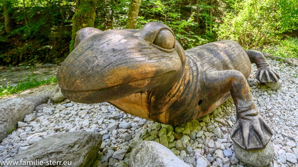 ein großer Salamander aus Holz am Anfang des Wegs durch die Almbachklamm
