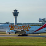Airbus A380 A6-EEY Emirates in "EXPO 2010 Dubai" bei der Landung am Flughafen München