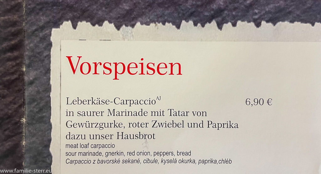 Speisekarte mit "Leberkäse - Carpaccio" im Bayerischen Wald