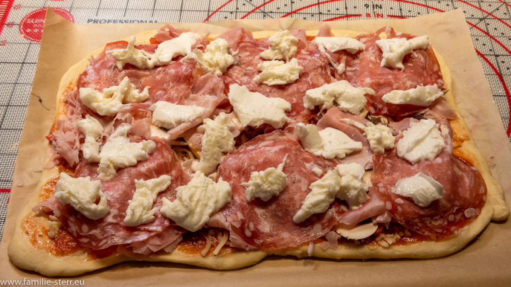 Pizza Stufe 7: Teil mit Tomate, Käse, Zwiebel,Paprika, Champignons, Schinken,Salami und Mozzarella