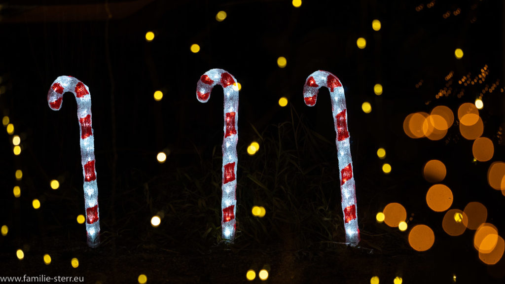 LED - beleuchtete Zuckerstandgen als Weihnachtsdekoration in unserem Garten