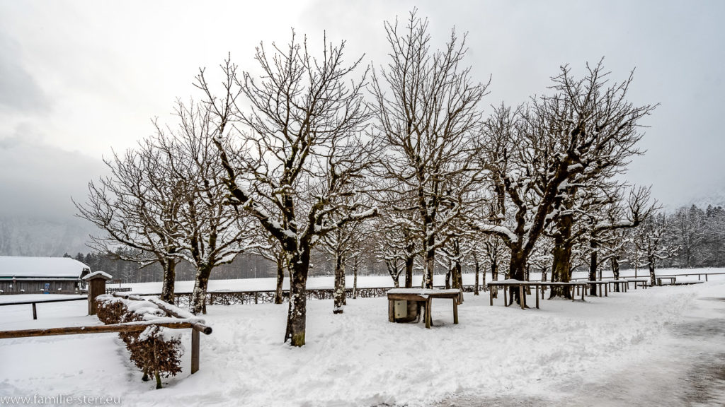 Schnee bedeckt den Biergarten in St. Batholomä am Königssee