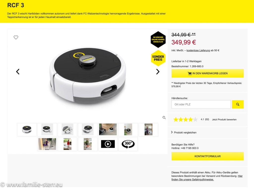 Angebot für einen Saugroboter in einem Online-Shop, in dem der Angebotspreis über dem normalen Preis liegt