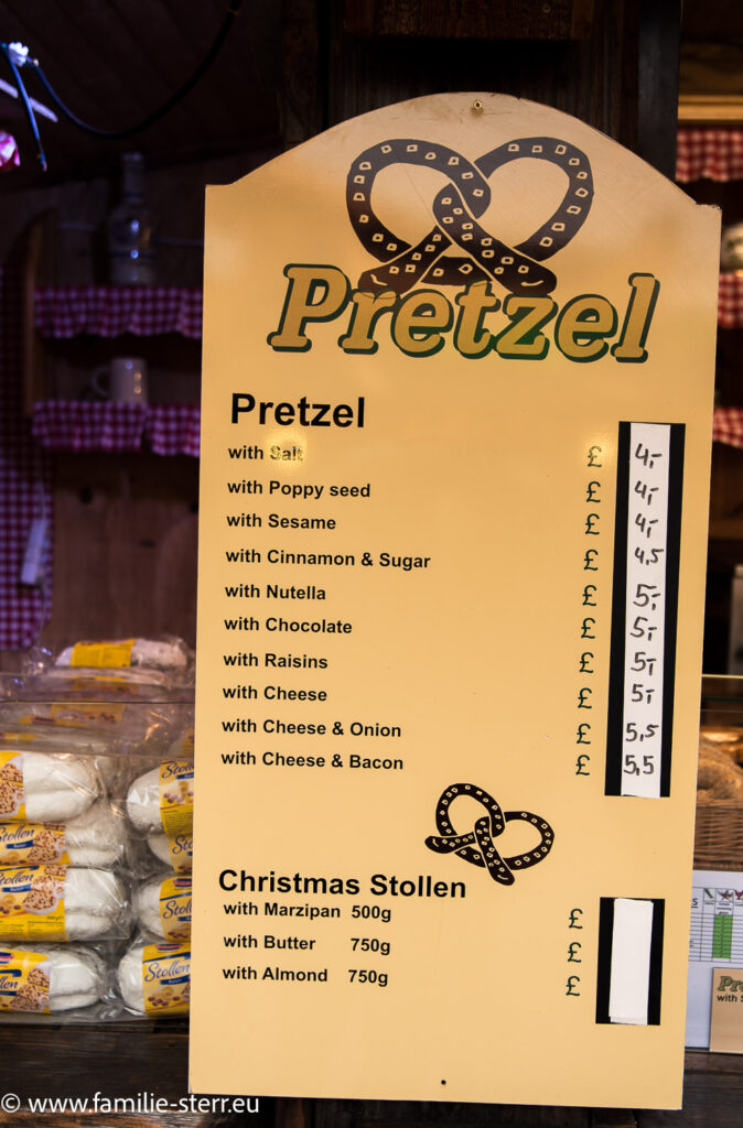 Preisschild für Bretten am Weihnachtsmarkt Bavarian Village in London