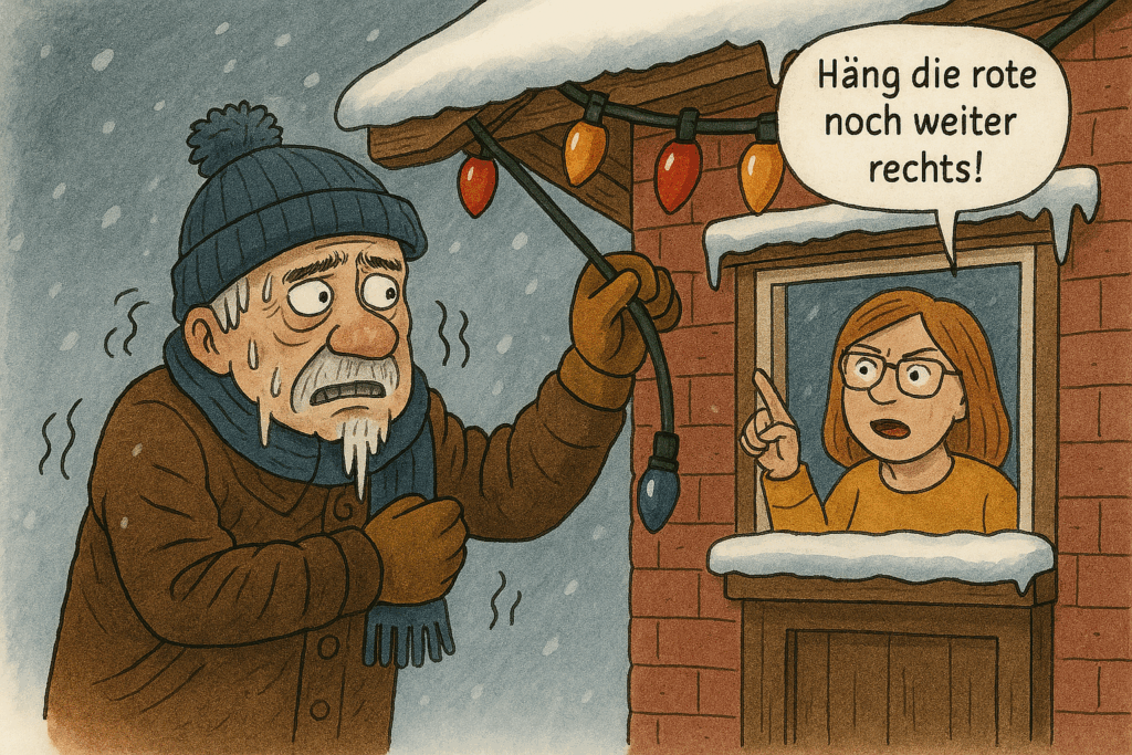 Cartoon mit einem älteren Mann, der in der Eiskälte die Weihnachtsdekoration anbringt, während die Frau aus dem warmen Haus heraus durchs Fenster Anweisungen gibt