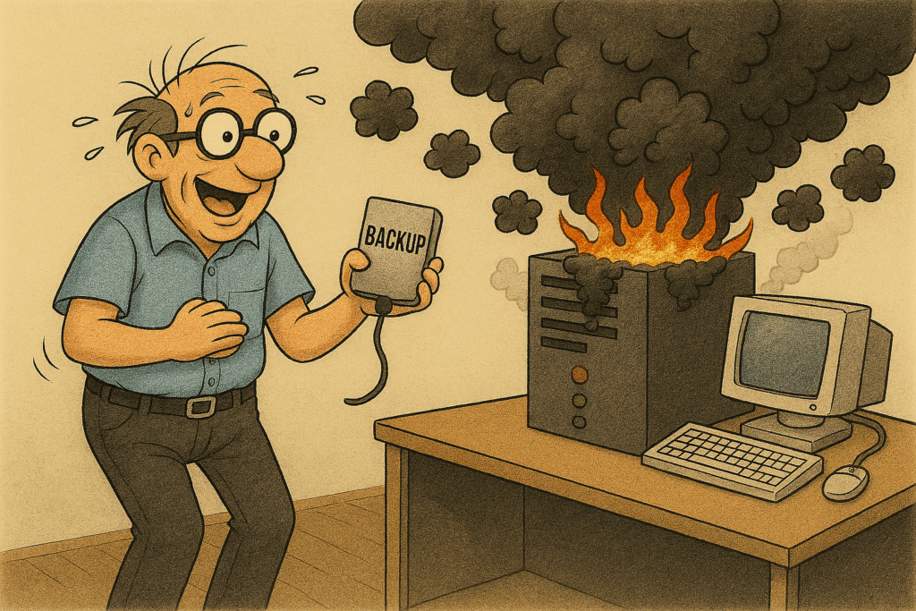 Nerd vor einem abrauchenden Computer, Glücklich, weil er ein Backup hat