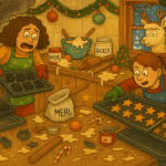 in der Küche herrscht beim Plätzchenbacken absolutes Chaos, während durch dasKüchenfenster ein Alpaka mit Rentierohren in den Raum schaut