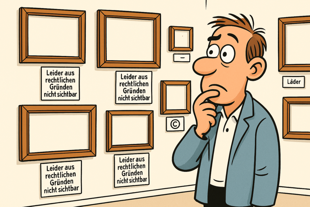 Ein Mann steht in einer Galerie vor lauter leeren Bilderrahmen, weil die Bilder aus rechtlichen Gründen ncht gezeigt werden dürfen
