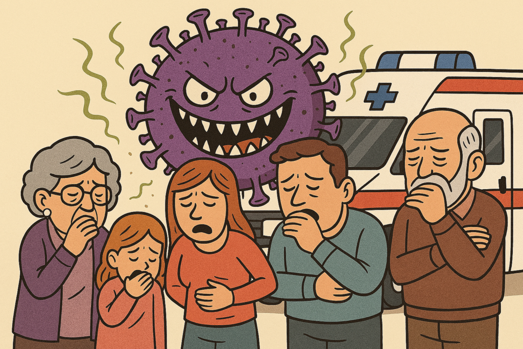 Cartoon mit einem gigantischen Noro-Virus, der die ganze Familie angesteckt hat