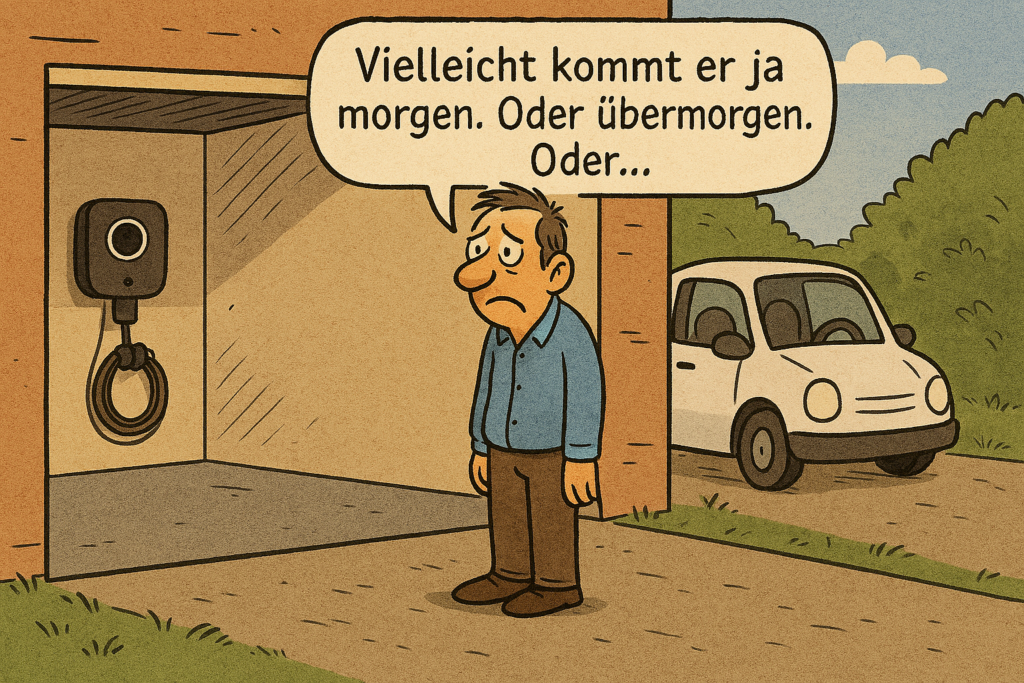 ein Mann steht traurig vor seiner leeren Garage mit Wallbox, weil das neue e-Auto noch nicht geliefert wurde (Cartoon)