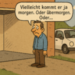 ein Mann steht traurig vor seiner leeren Garage mit Wallbox, weil das neue e-Auto noch nicht geliefert wurde (Cartoon)