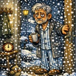 Cartoon: ein müder älterer Mann steht in der Haustür und begrüßt die Sommerzeit, draußen ist es noch dunkel und es schneit