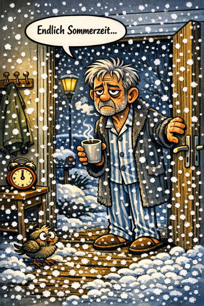 Cartoon: ein müder älterer Mann steht in der Haustür und begrüßt die Sommerzeit, draußen ist es noch dunkel und es schneit