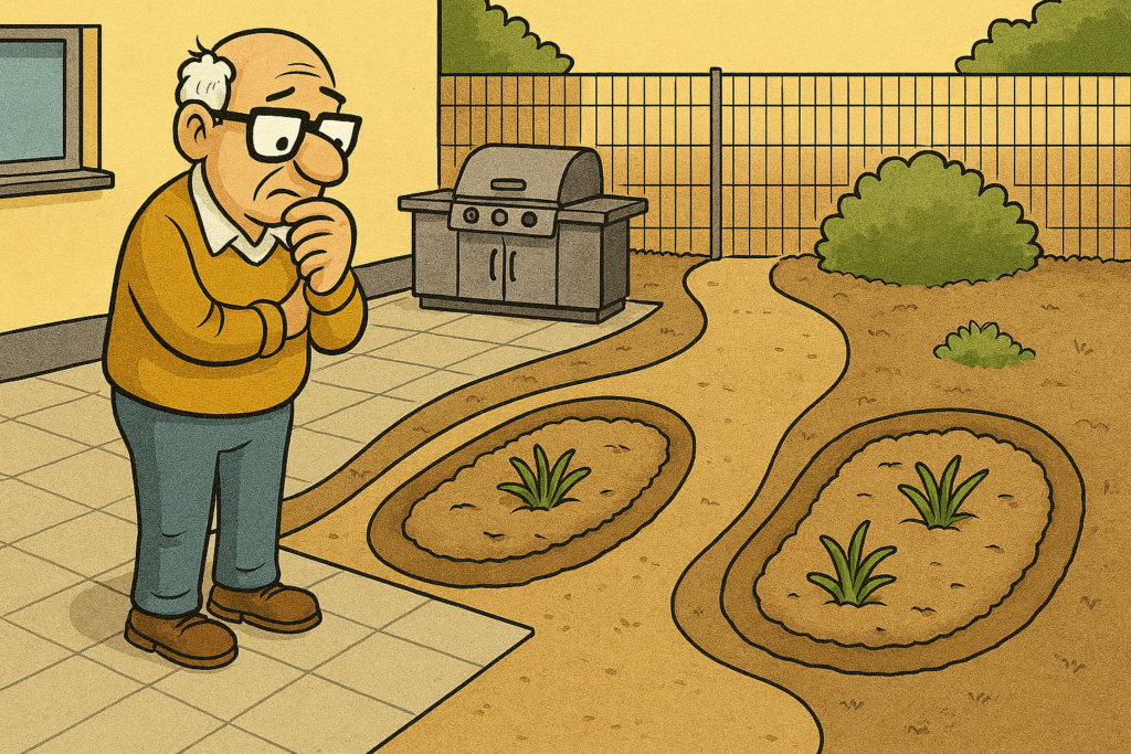 ein älterer Mannsteht am Rande des Gartens und denkt über die Bepflanzung nach - Cartoon