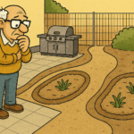 ein älterer Mannsteht am Rande des Gartens und denkt über die Bepflanzung nach - Cartoon