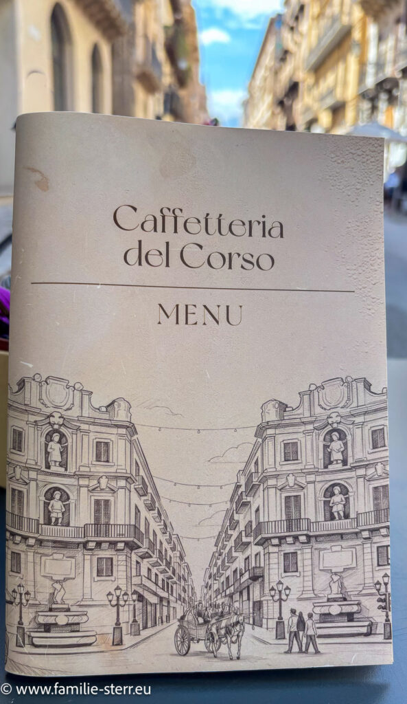 Vorderseite der Speisekarte in der Caffeterie del Corso in Palermo