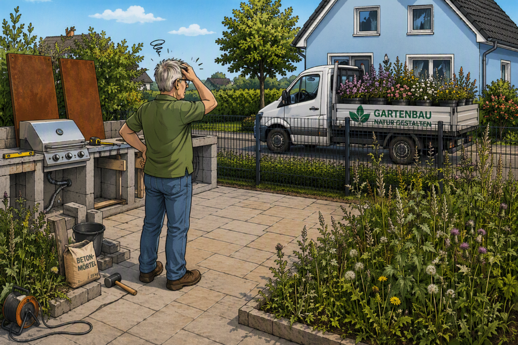 Cartoon: ein Mann schaut in seinen noch unvollendeten Garten mit viel Unkraut und unvollendeter Outdoor-Küche