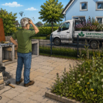 Cartoon: ein Mann schaut in seinen noch unvollendeten Garten mit viel Unkraut und unvollendeter Outdoor-Küche